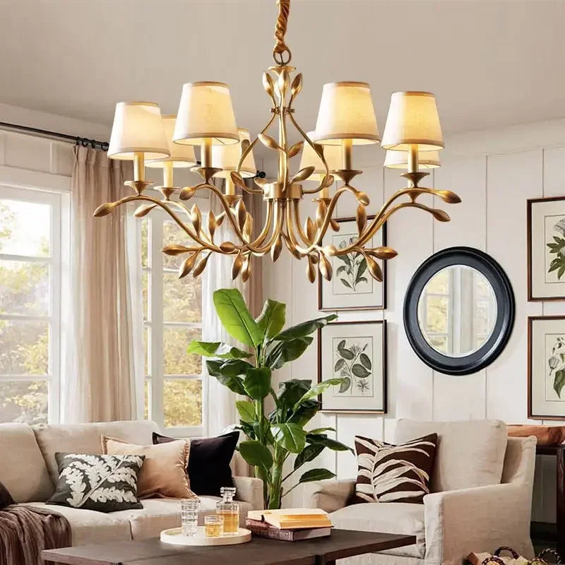 Axyaa Gold Copper Chandelier with Fabric Shades for Living Dining Bedroom Lighting