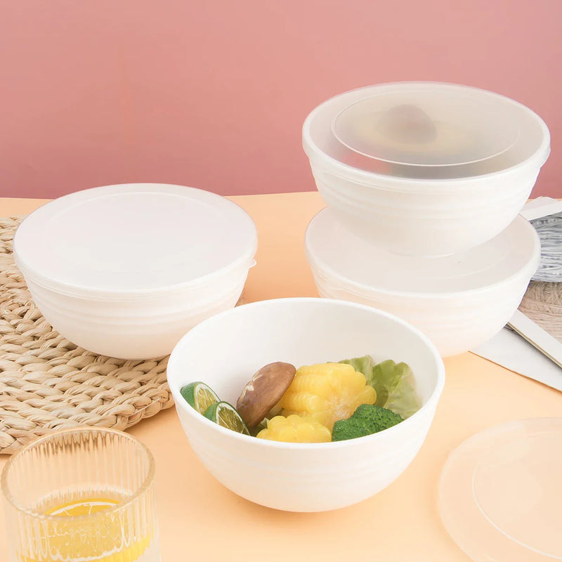Axyaa White Plastic Bowls with Lid Set for Kitchen, RV, Camping - Pack of 6