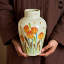 Axyaa Chinese Hand-Painted Tulip Ceramic Vase, Retro Country Style Living Room Décor