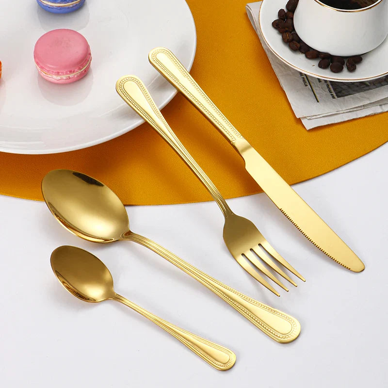 Axyaa 24pc Gold Stainless Steel Cutlery Set - Retro Style for Kitchen & Restaurant