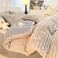 Luxury Axyaa Rabbit Fur Velvet Bedding Set, AB Side Duvet Cover, Flanne Plush Bed Sheet