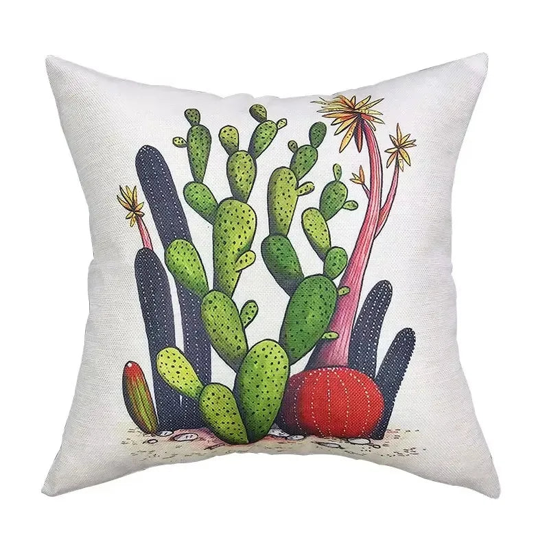 Axyaa Cactus Linen Cushion Cover 45x45cm for Home Decor - Green Plant Pillow Cover