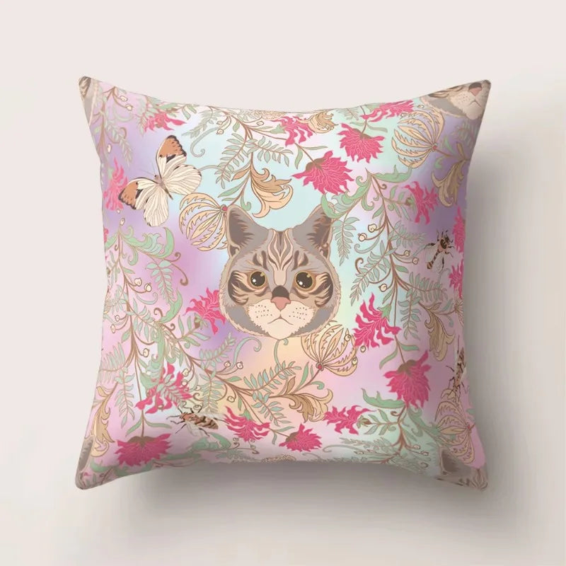 Tropical Cactus Flower Cat Print Pillow Cover 45X45CM for Home Sofa Chair