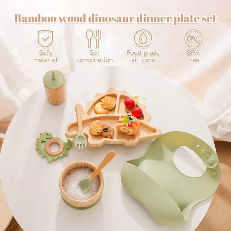 Axya Bamboo Dinosaur Dinner Plates Set • Kids Suction Bowls & Tableware