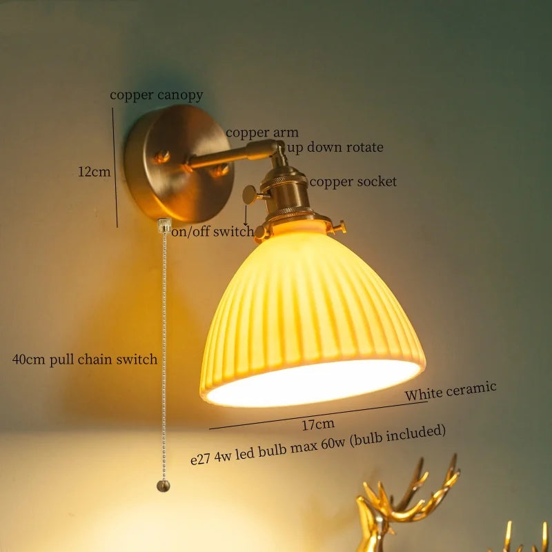 Axyaa Nordic LED Wall Lamps, Modern Copper Arm Ceramic Light for Living Room, Bedroom