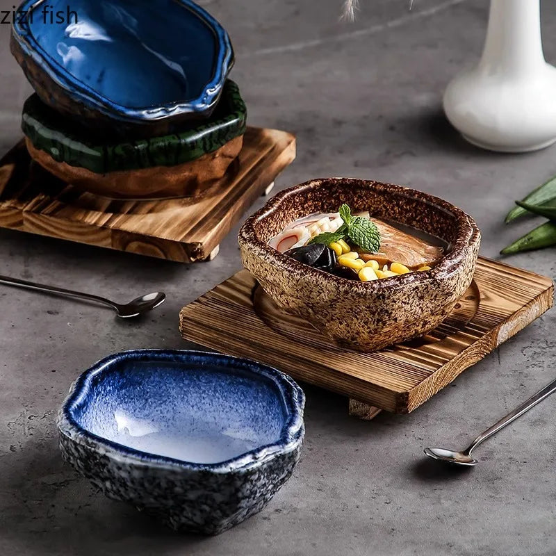 Axya Stone Pattern Ceramic Soup Bowl Set - Unique Irregular Design for Desserts, Snacks, Sushi