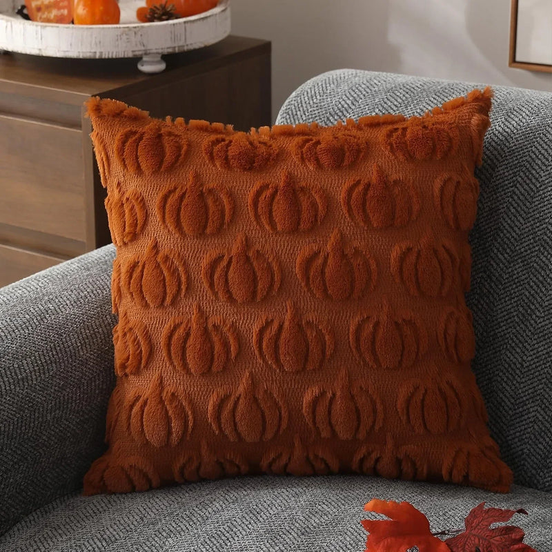 Axyaa Rust Pumpkin Plush Throw Pillow Covers for Fall Decor 18x18