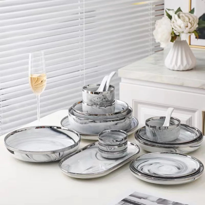 Axya Silver Rim Marble Ceramic Dinnerware Set for Family and Hotel