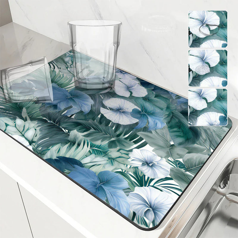 Axyaa Tropical Plants Watercolor Drying Mat: Non-Slip Absorbent Kitchen Counter Mat