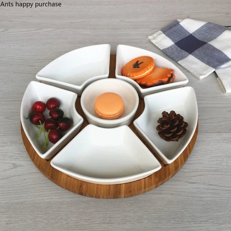 Axya Ceramic Fruit Tray with Bamboo Divider - Snack & Dessert Plate