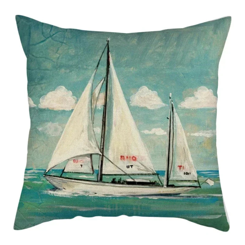 Marine Ship Print Linen Pillow Cover for Home Sofa Decor Axyaa