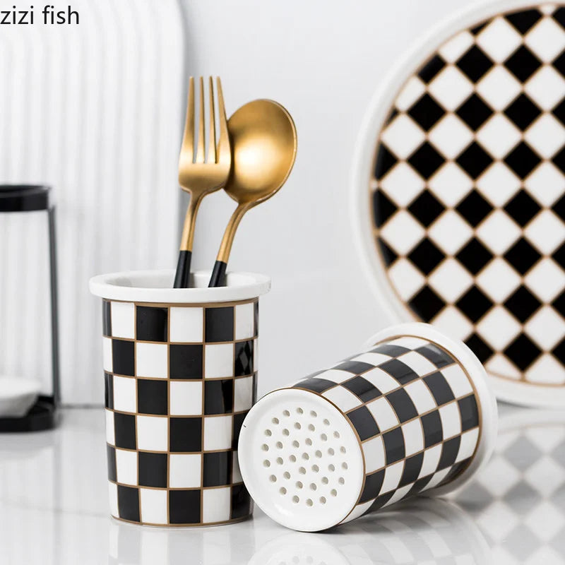 Axya Checkerboard Ceramic Chopsticks Holder Rack Wall-mounted Shelf