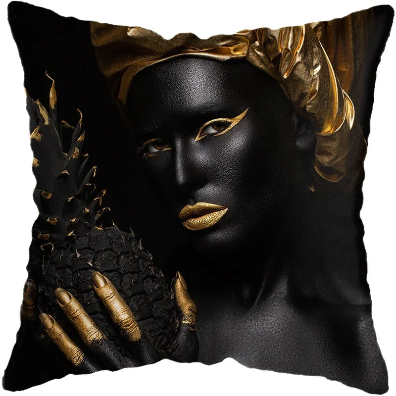 Axyaa Black Gold African Lady Woman Art Deco Pillowcase