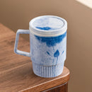 Axyaa Hand-painted Blue Lotus Ceramic Mug with Lid - Vertical Ink Pattern