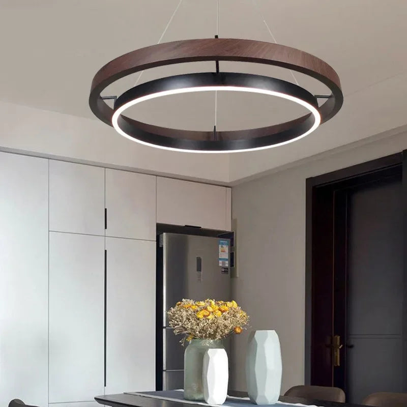 Axyaa Wood Grain Chandelier: Minimalist Round Hanging Light Fixture for Living Room