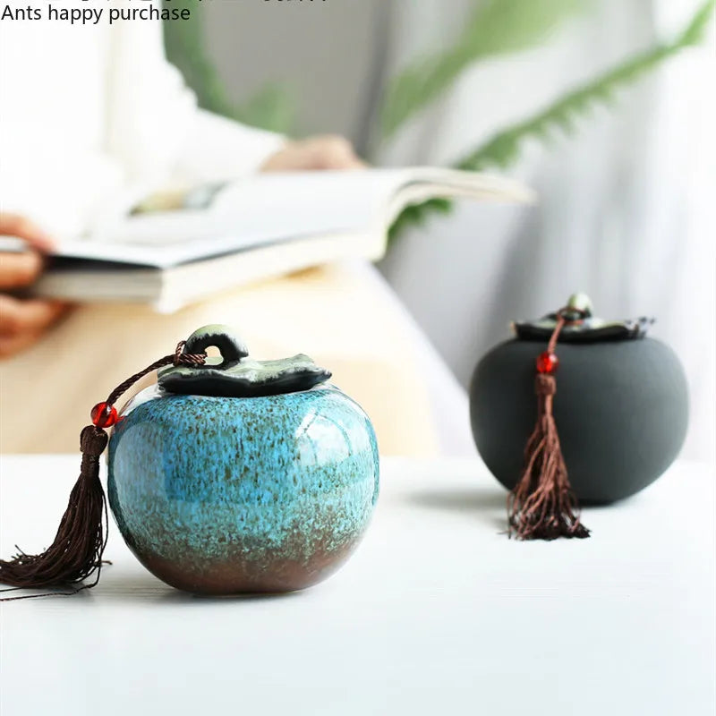 Axya Persimmon Tea Storage Jar with Cover - Small Sealed Ceramic Canister