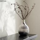 Axyaa Matte Silver Ceramic Striped Vase Room Decoration Artificial Flowers Bouquet