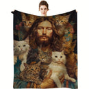 Axyaa Cat Jesus Print Flannel Blanket - Cozy Throw for Home, Office, or Travel