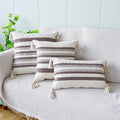 Ivory Brown Coffee Black Stripe Pillow Case with Tassels - Axyaa Brand