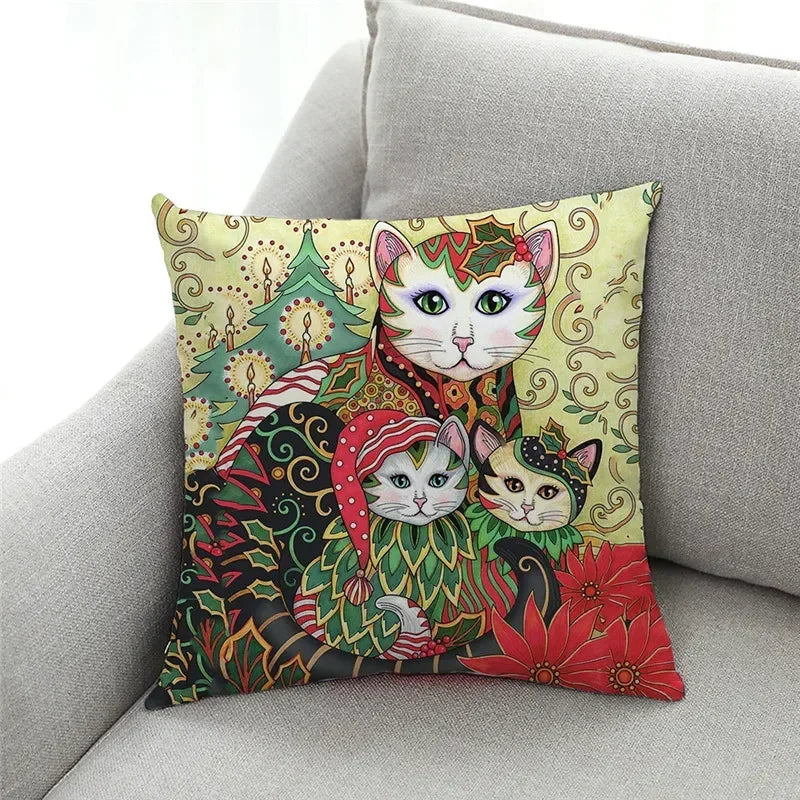 Axyaa Cat Print Linen Pillowcase 45x45cm Home Decor Cushion Cover