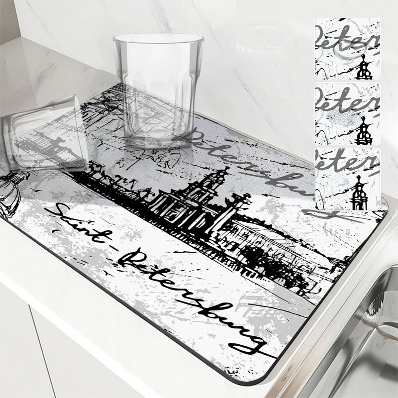 Axyaa Artistic Drying Mat for Kitchen Counter, Non-Slip Absorbent Placemat