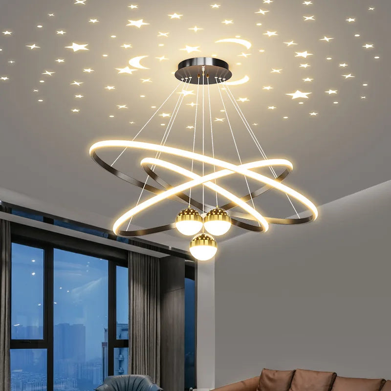Axyaa Starry Sky Projection LED Chandelier in Black/Gold - Hanging Pendant Lights for Home