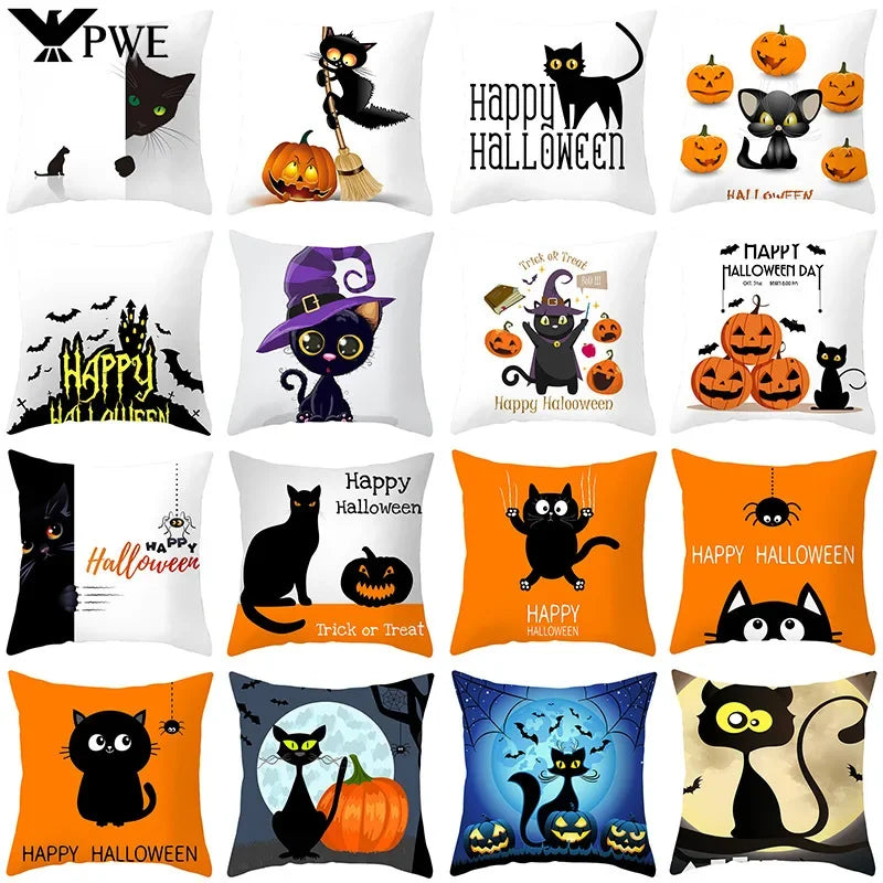 Axyaa Black Cat Pumpkin Cushion Cover 45x45 cm - Home Decor Funny Printed Pillow Case