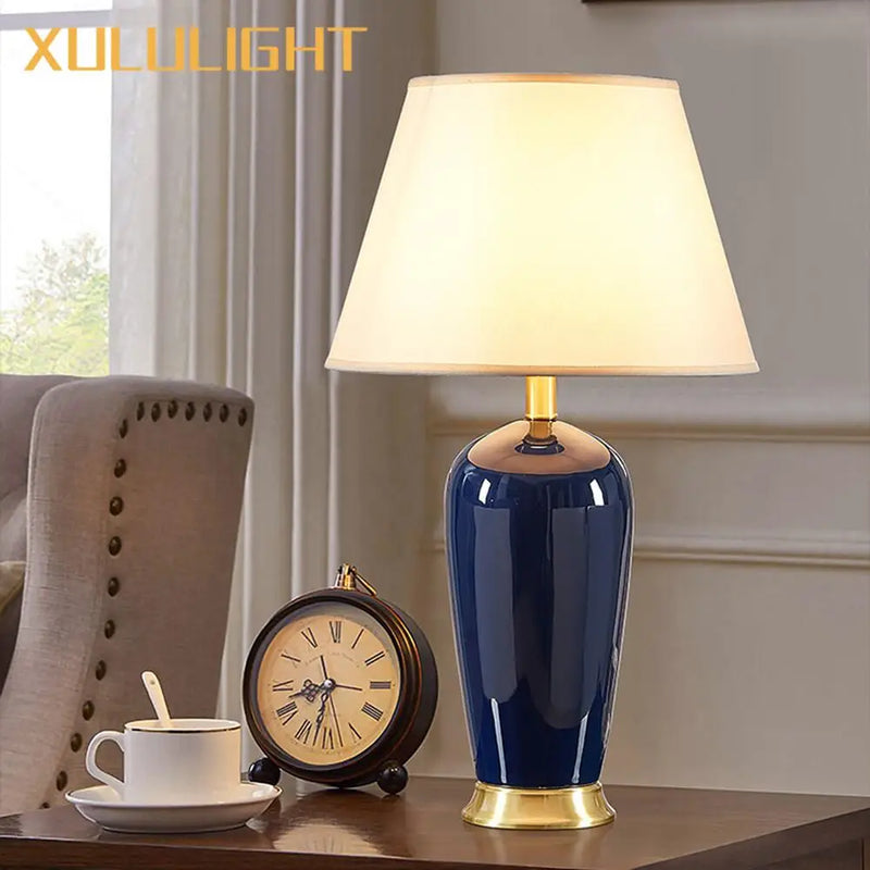 Luxury Dark Blue Ceramic Table Lamp with Remote Control for Bedroom and Living Room by Axyaa