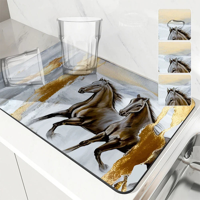 Axyaa Absorbent Horse Flower Kitchen Mat, Quick Dry Tableware Mat