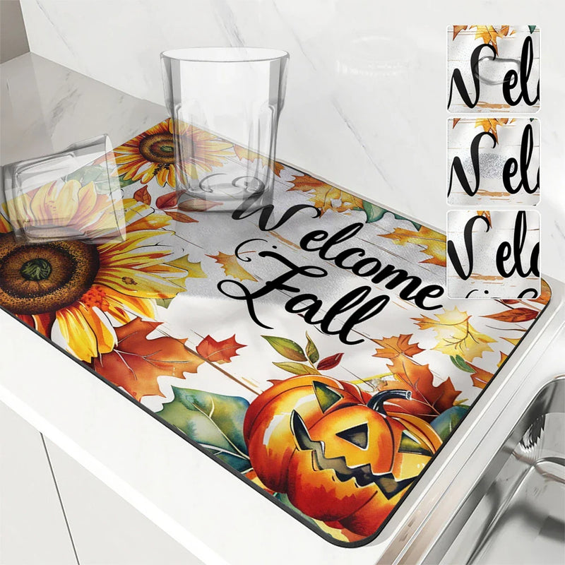 Axyaa Thanksgiving Wood Absorbent Draining Mat: Anti-Skid, Quick Dry, Dish Drying Pad