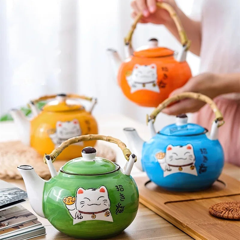 Axya Lucky Cat Ceramic Tea Set with Wooden Tray and Tea Cups