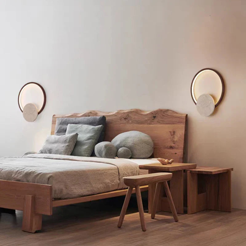 Axyaa Round Stone LED Wall Light Dark Wood Dimmable Indoor Sconce