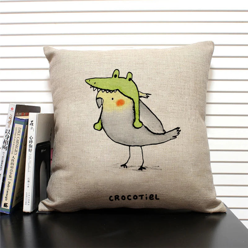 Axyaa Cartoon Animal Print 45x45cm Linen Cushion Cover - Sofa, Car, Chair Pillow Case