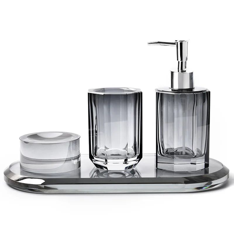 Axya Crystal Bathroom Kit: Soap Bottle, Pump Dispenser, Soap Dish, Toilet Storage Bin