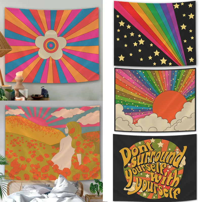 Boho Sun Moon Phase Rainbow Tapestry by Axyaa - Bedroom Decor Bedspread