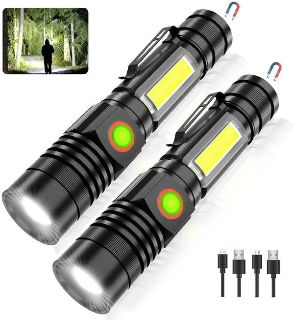 Axya High Lumen Rechargeable LED Flashlight with COB Side Light, Waterproof & Zoomable