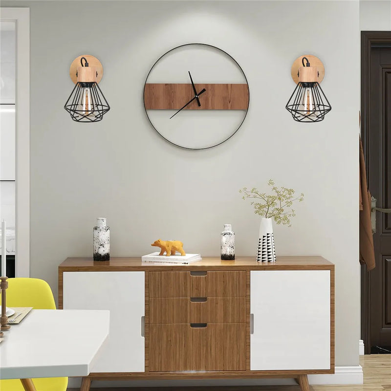 Axyaa Wood Iron Cage Wall Lamp Industrial Retro Sconce for Bedroom Aisle