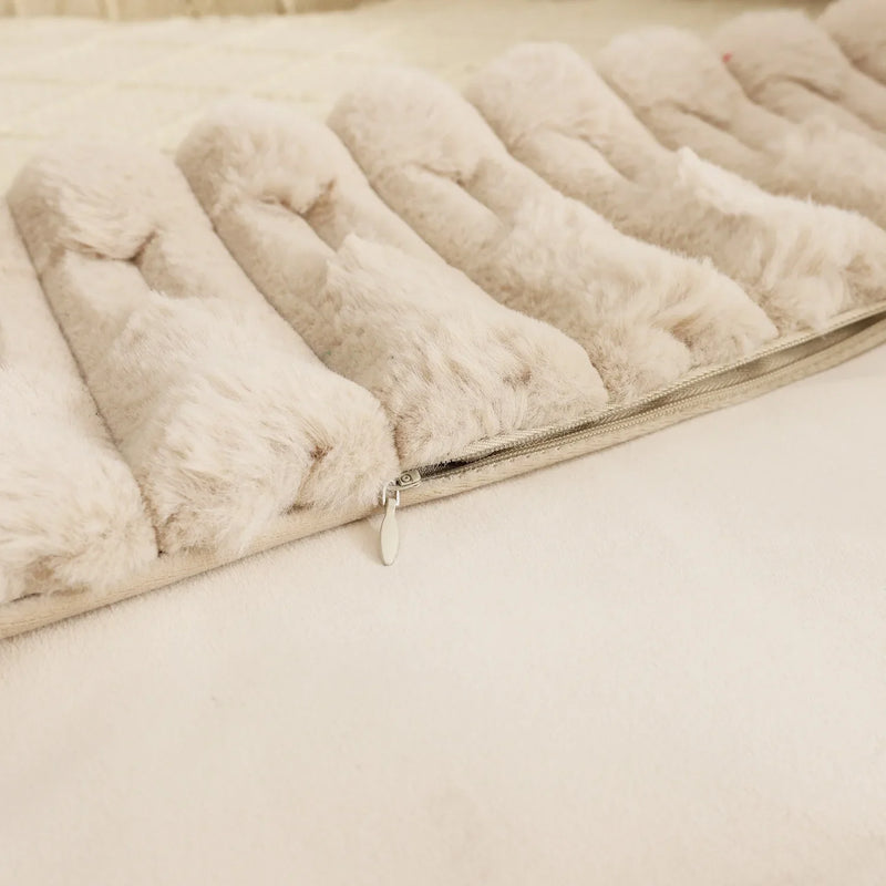 Axyaa Boho Striped Faux Rabbit Fur Velvet Cushion 18x18In Beige