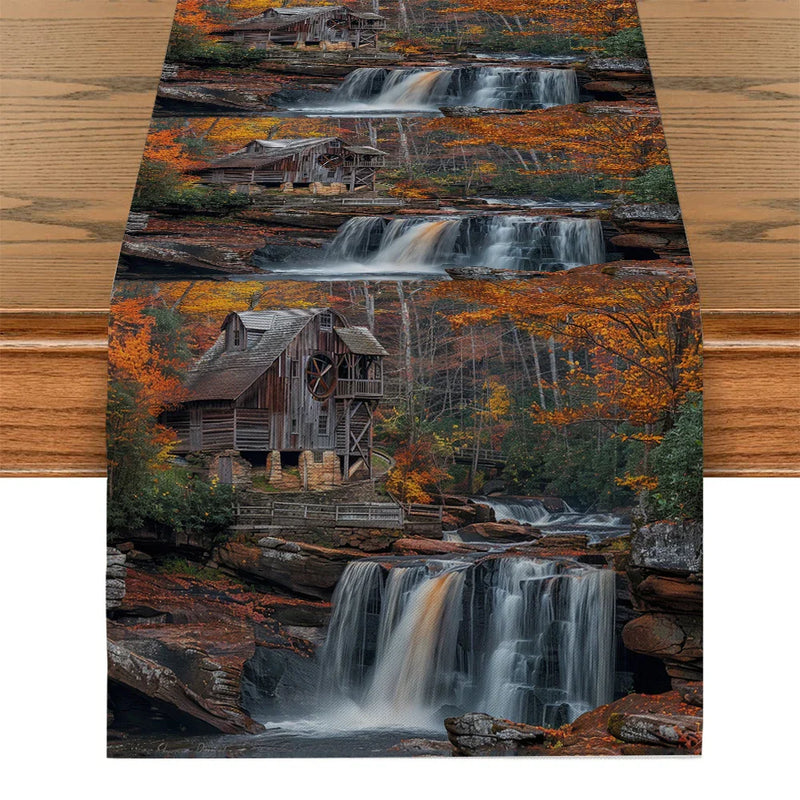 Axyaa Wooden Forest Table Runner: Autumn Scenery River Building Kitchen Dining Decoration
