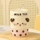 Axyaa Cartoon Milk Tea Ceramic Couple Mugs with Lid, Ceramic Straw Cup for Home and Office
