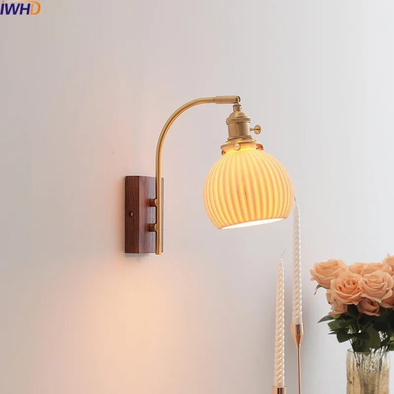 Axyaa Ceramic Walnut LED Wall Lights - Modern Bedroom & Living Room Bedside Lamp