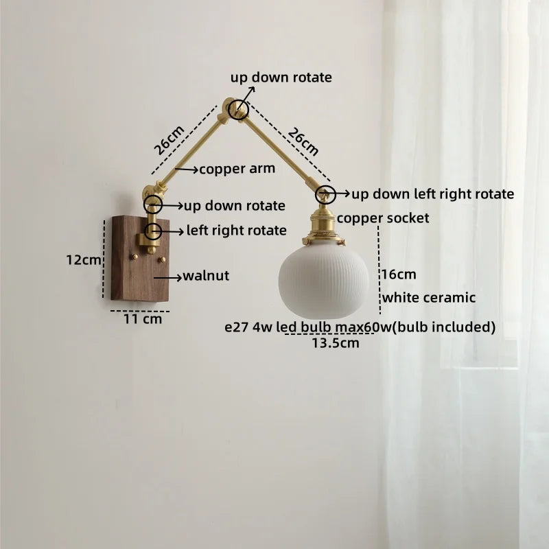 Axyaa Ceramic Copper Swing Arm LED Wall Light for Home Decor
