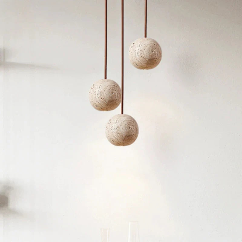 Axyaa Stone Yellow Travertine LED Pendant Chandelier - Small Round Nordic Bedroom Light
