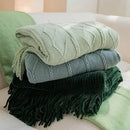 Axyaa Khaki Tassel Knit Blanket - Cozy Nordic Sofa Office Cover & Bed Throw