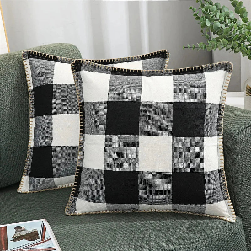 Axyaa Plaid Check 50x50cm Pillow Cover Cotton Linen Home Decor Sofa Cushion