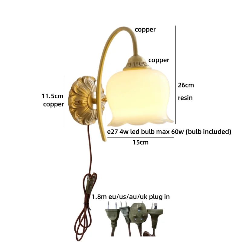 Axyaa Nordic LED Wall Lamps Interior Living Room Decor Antique Brass Resin Flower Design