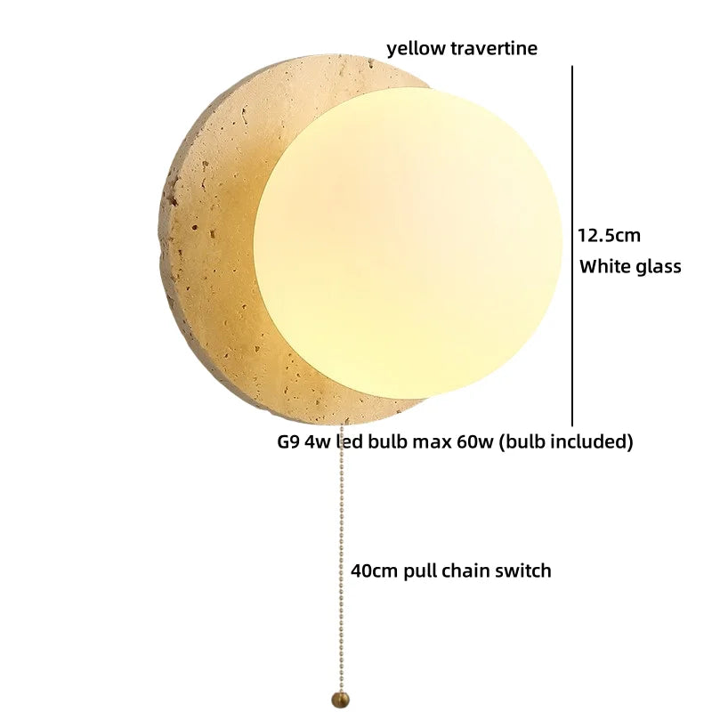 Axyaa White Glass Wall Lights with Yellow Stone Art - Pull Chain Switch, LED, Wabi Sabi Style