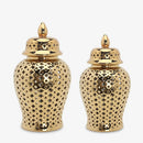 Axyaa Gold Ceramic Temple Jar with Lid, Home Decorative Vase, Hollow Storage Jar