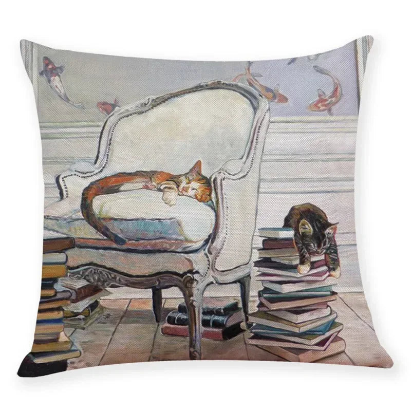 Axyaa Cat Print Linen Pillowcase 45x45cm Home Decor Cushion Cover