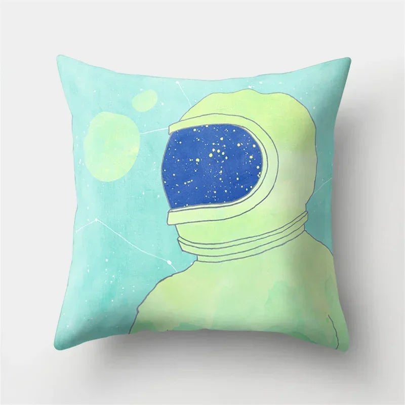 Axyaa Cartoon Star Astronaut Pillow Cover 45x45cm - Cute Moon Rocket Design.